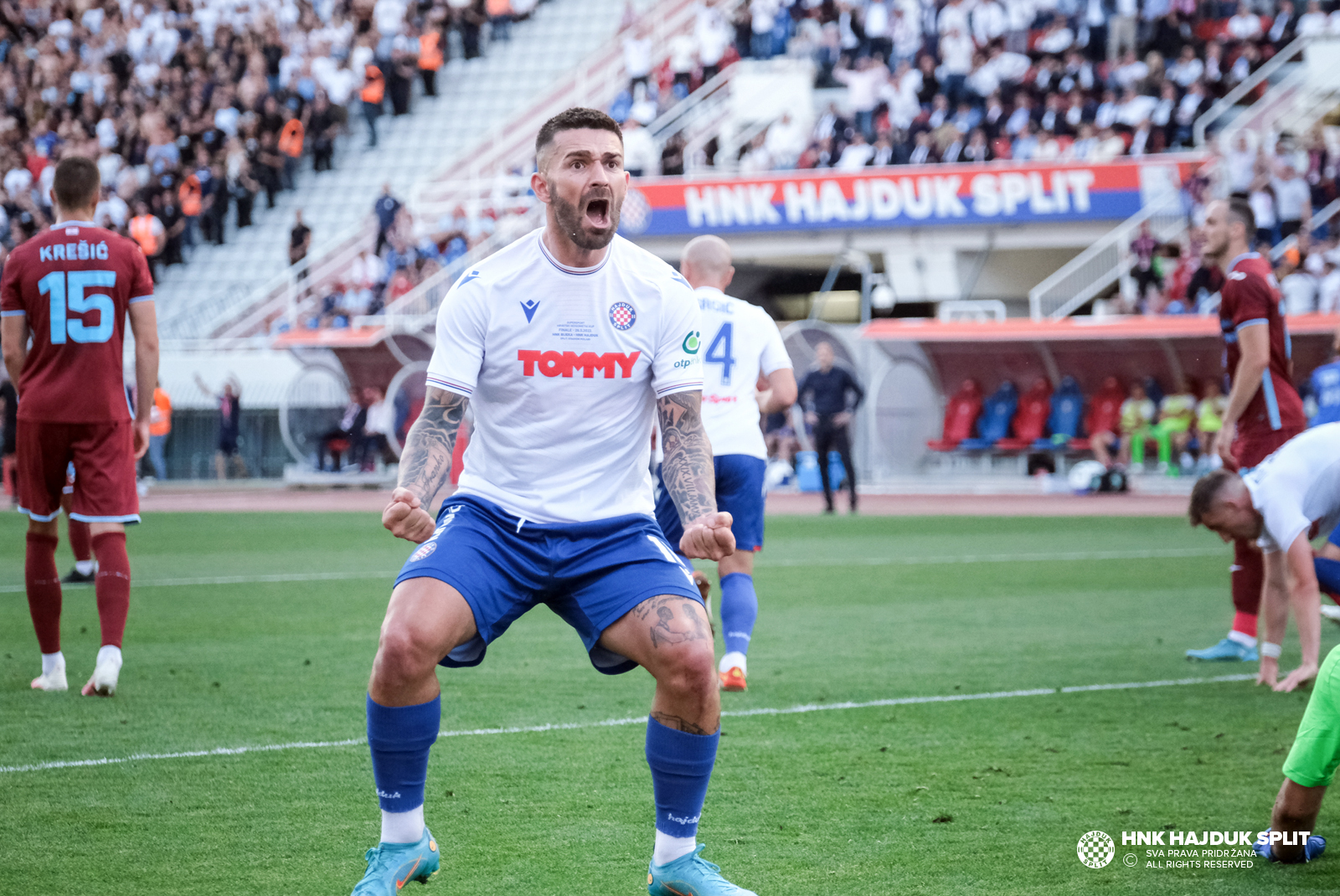 Rijeka, Croatia. 24th May, 2023. Players of Hajduk Split celebrate with the  trophy after the victory against xxx in their SuperSport Croatian Football  Cup final match at HNK Rijeka Stadium in Rijeka
