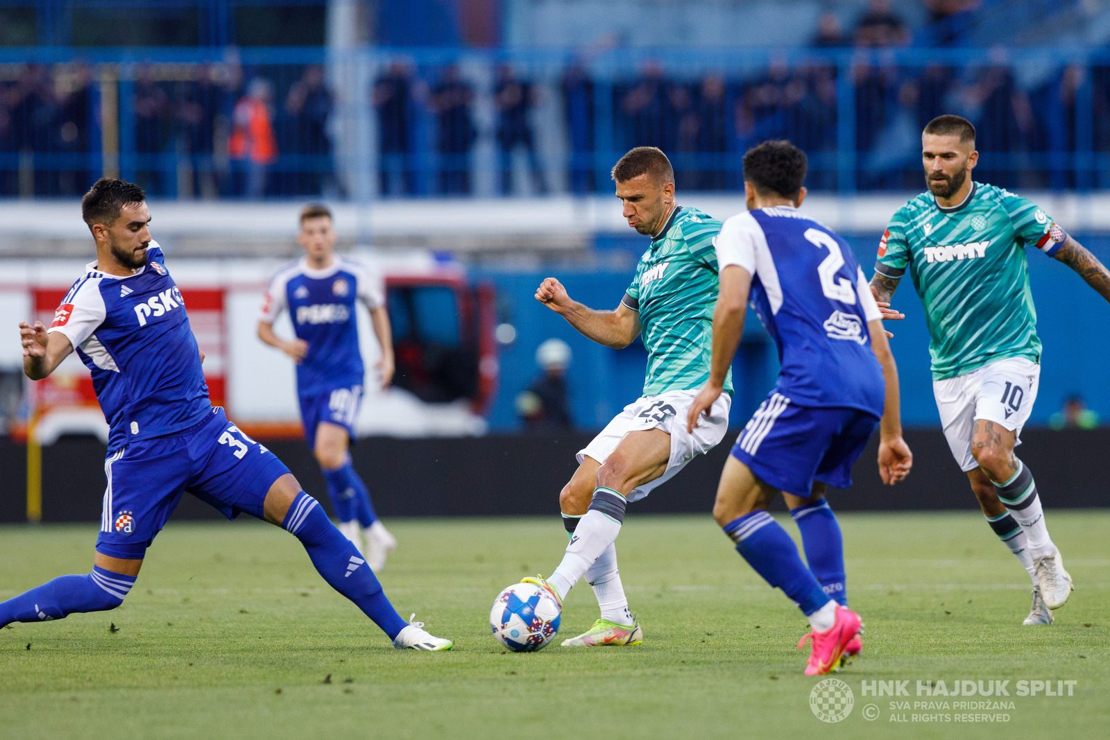 Zagreb, Croatia. 15th July, 2023. Fran Topic of Dinamo Zagreb and Zvonimir  Sarlija of Hajduk Split competes for the ball during the Supersport  Supercup match between GNK Dinamo Zagreb and HNK Hajduk