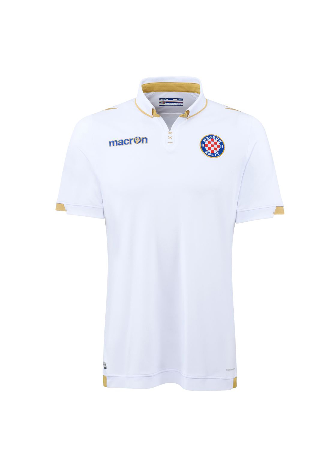 The Hajduk Split Away shirt 2017/18 has vertical red and blue bands with  gold details. The Macron logo stands out in white on the top right-hand  side of, By Macron