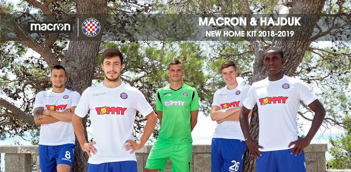 The Hajduk Split Away shirt 2017/18 has vertical red and blue bands with  gold details. The Macron logo stands out in white on the top right-hand  side of, By Macron