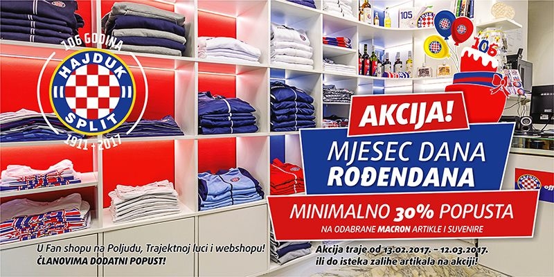 Birthday discounts in Hajduk Fan and Web shop till March 12, 2017